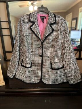 Lane Bryant Pink-Lined Black-Trim Tweed Blazer